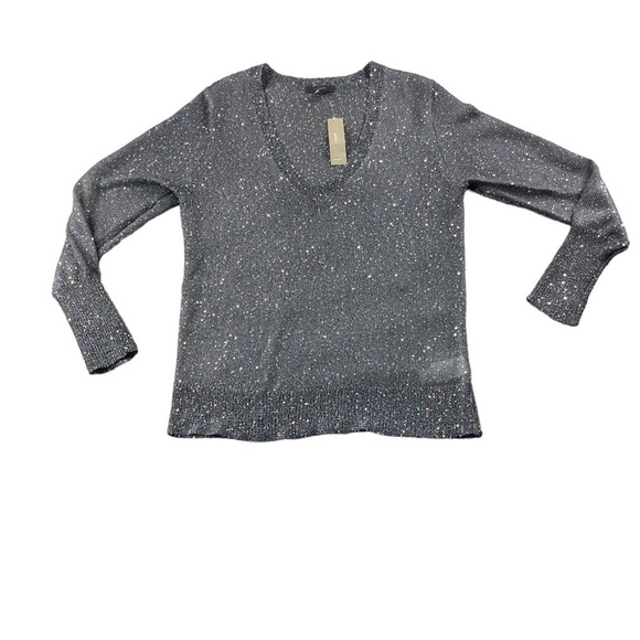 NWT JCrew Gray All Over Sequins V Neck Crochet Top Cocktail Glam Sparkle Whimsy - Picture 1 of 13